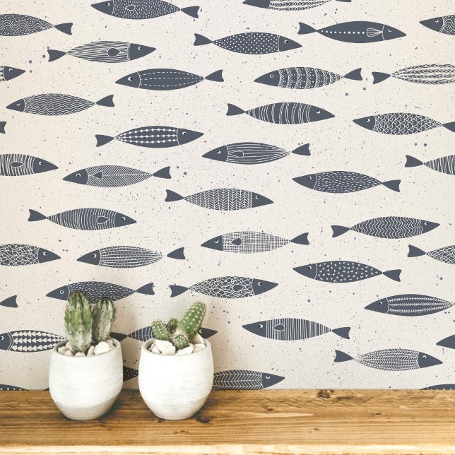 Papel Pintado Sardina Pescado Índigo Azul Crema (Fun coastal sardines fish wallpaper in indigo blue and cream)
