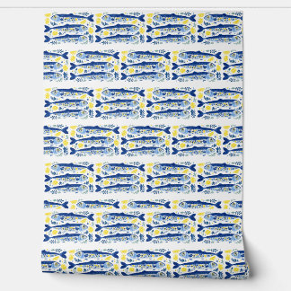 Papel Pintado Sardinas azules y amarillas de verano mediterráneo