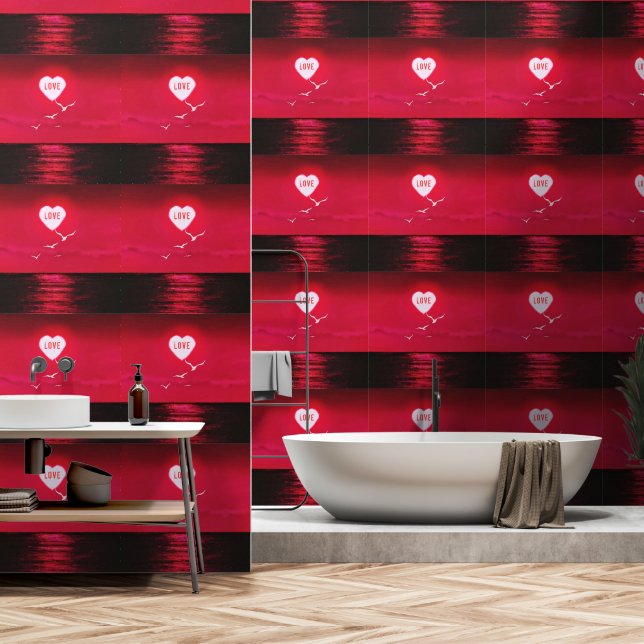 Papel Pintado Sea Sunset Love Heart Sun Romantic Red (Baño)