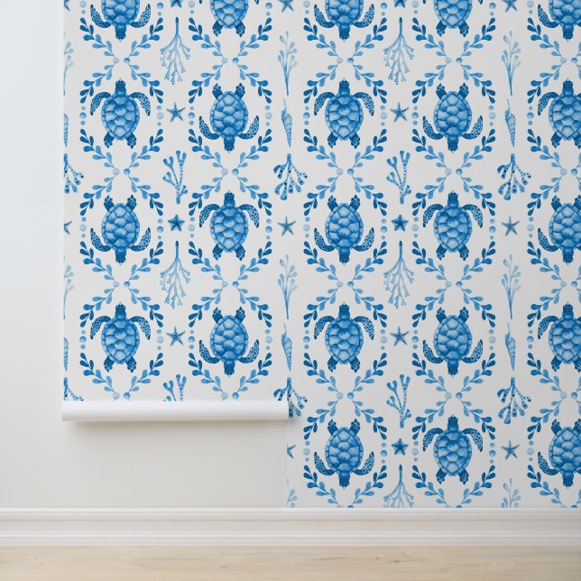 Papel Pintado Sea Turtles and Starfish Coastal Blue Watercolor (Solicitud)