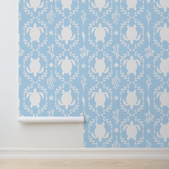 Papel Pintado Sea Turtles and Starfish White and Light Blue (Solicitud)