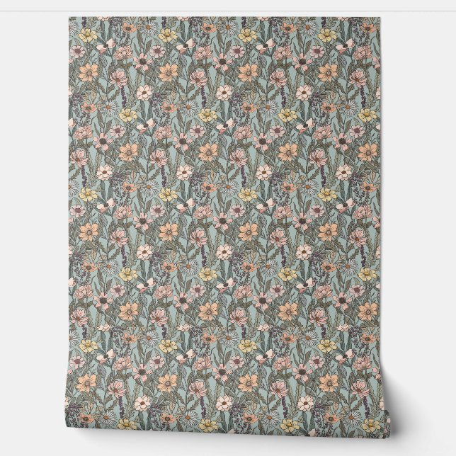 Papel Pintado Seafoam Pink Yellow Retro Wildflower (Desenrollar)