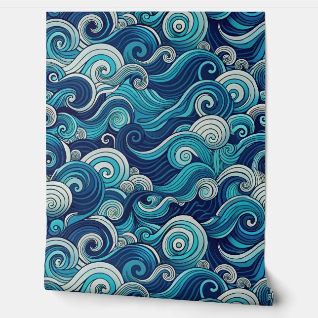 Papel Pintado Seamless Ocean Waves Pattern Blue Nautical Swirls (Desenrollar)