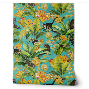 Papel Pintado Selva tropical azul de mono vintage floral