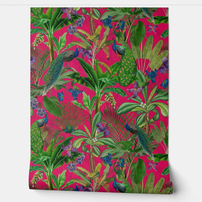 Papel Pintado Selva tropical de pavo real rosa (Desenrollar)