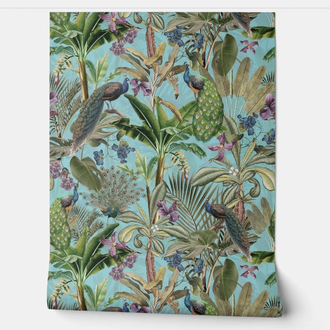 Papel Pintado Selva tropical tropical azul de pavo real (Desenrollar)