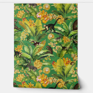 Papel Pintado Selva tropical verde de mono vintage floral