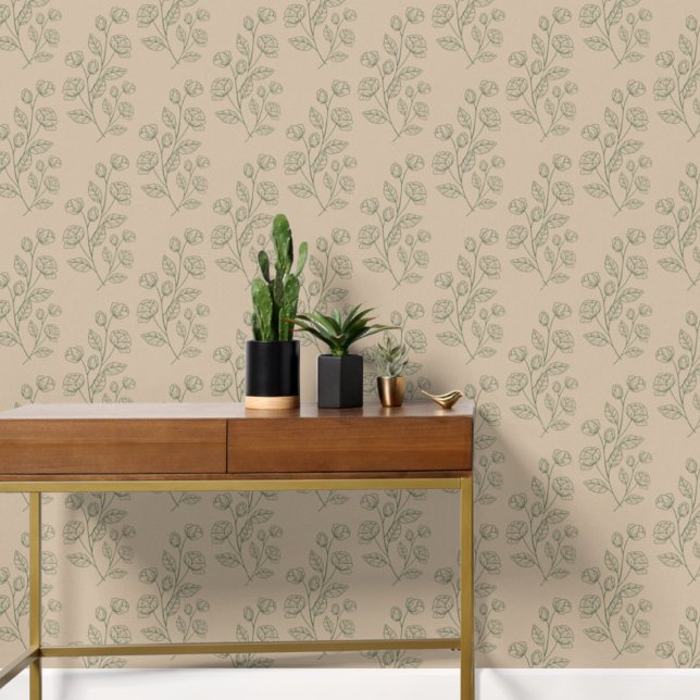 Papel Pintado Sencillo patrón floral verde moderno en taupe (Subido por el creador)