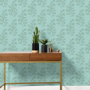 Papel Pintado Sencillo Patrón Floral Verde Moderno Sobre Azul