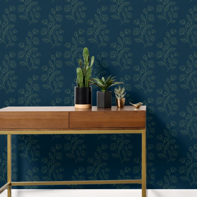 Papel Pintado Sencillo Patrón Floral Verde Moderno Sobre Azul Os (Subido por el creador)