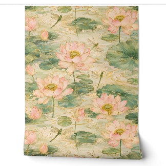 Papel Pintado Serenas Flores de Loto y Libélulas Botánica Japone