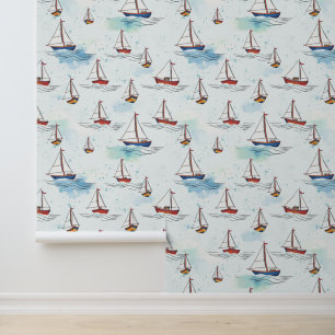 Papel Pintado Serene Blue Red Sailing Bots on Sea Pattern