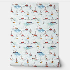 Papel Pintado Serene Blue Red Sailing Bots on Sea Pattern