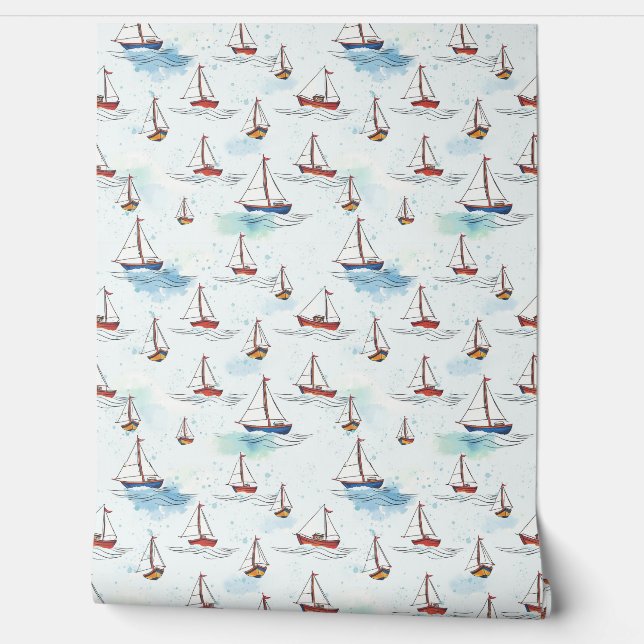 Papel Pintado Serene Blue Red Sailing Bots on Sea Pattern (Desenrollar)