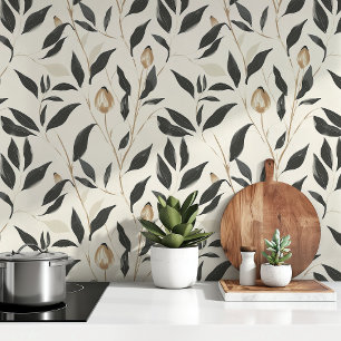 Papel Pintado Serenidad Botánica Moderna - Floral Negra y Beige