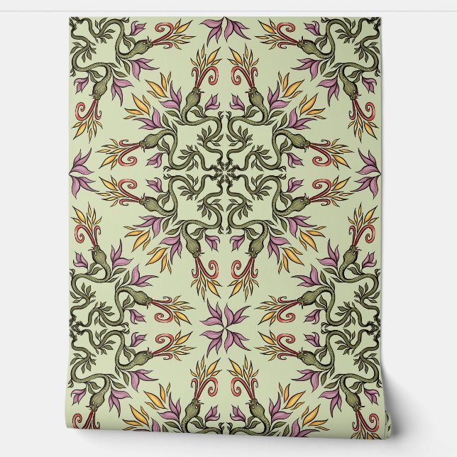 Papel Pintado Serpientes Verdes Floral Mandala Fantasía Botánica (Desenrollar)