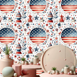 Papel Pintado Shabby Chic Star Stripes Red Blue and White Pastel