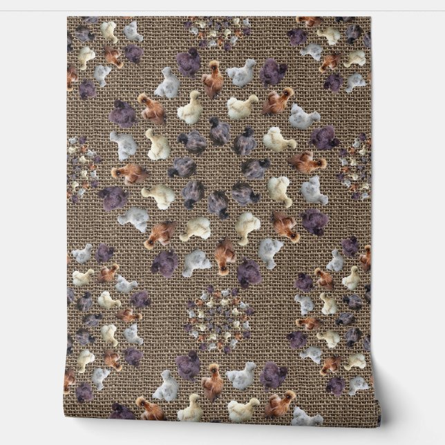 Papel Pintado Silkie Bantam Chickens Burlap Farmhouse Mandala (Desenrollar)