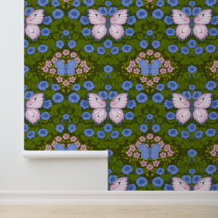 Papel Pintado Simetría de mariposas y flores, azul y rosa