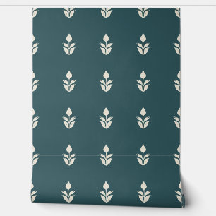 Papel Pintado Simple Estampado Floral Herencia Azul Teal Oscuro