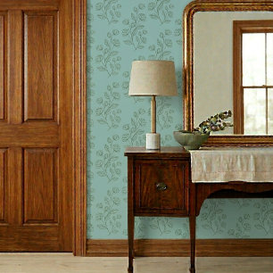 Papel Pintado Simple Estampado Floral Verde Vintage sobre Azul