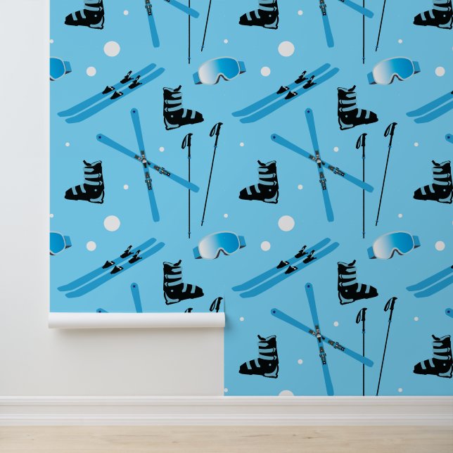 Papel Pintado Ski School Snow Sports Blue Skiing Pattern (Solicitud)