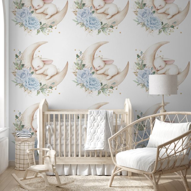 Papel Pintado Sleepy Bunny Rabbit Moon Blue Floral Nursery (Niños)