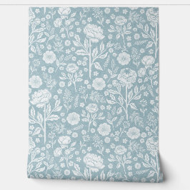 Papel Pintado Soft Blue Hand-Drawn Peony Roses Vintage Cottage