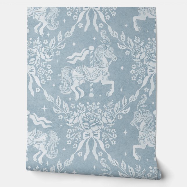 Papel Pintado Soft Muted Blue Rococo Carousel Horses & Florals (Desenrollar)