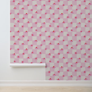 Papel Pintado Soft Pink Daisy Checkerboard Floral Pattern