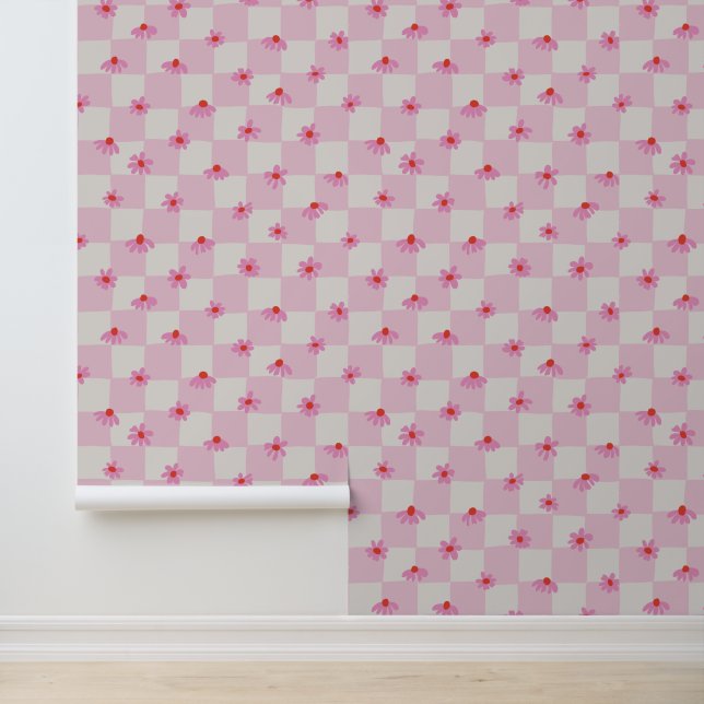 Papel Pintado Soft Pink Daisy Checkerboard Floral Pattern (Solicitud)