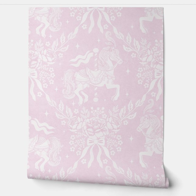 Papel Pintado Soft Pink Rococo Carousel Horses & Florals (Desenrollar)