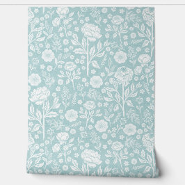 Papel Pintado  Soft Turquoise Blue Peony Roses Hand-Drawn 