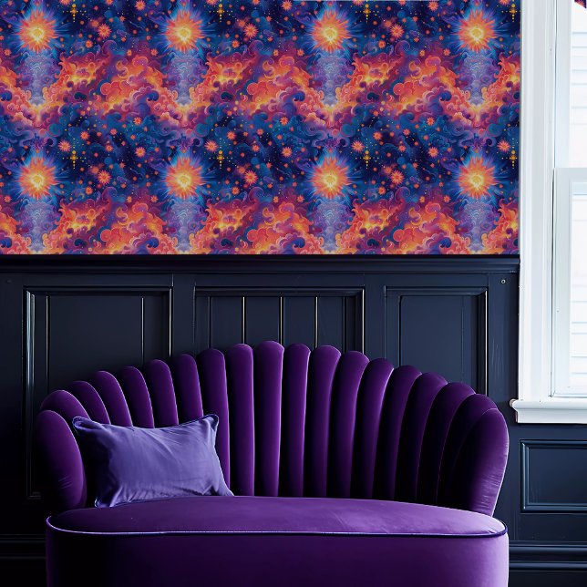 Papel Pintado Sol etéreo de Fairycore y nubes (Fairycore Ethereal Sun and Clouds Wallpaper above a purple scalloped sofa.)