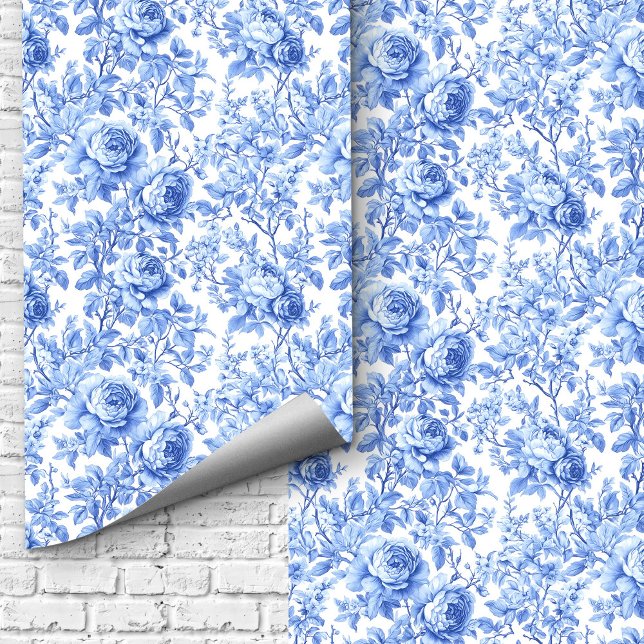 Papel Pintado Sophisticated Blue Toile Roses Floral Wallpaper  (Sophisticated Blue Toile Roses Floral Wallpaper Design)