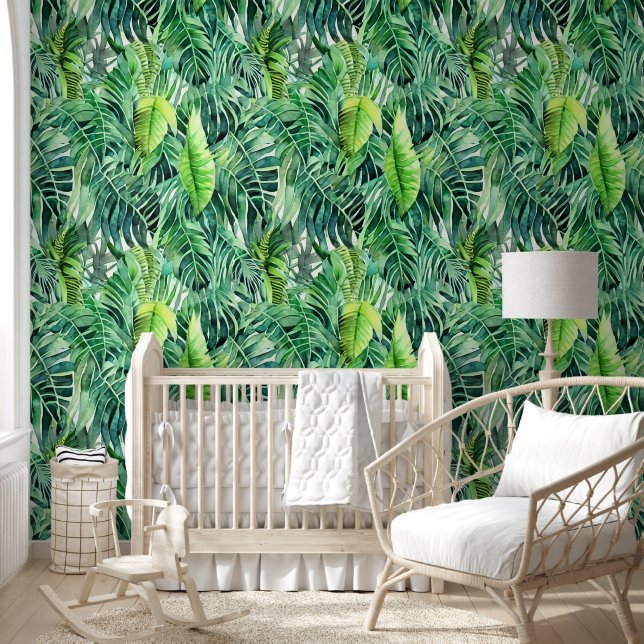 Papel Pintado Spa de patrón verde de hojas de la selva tropical (Niños)