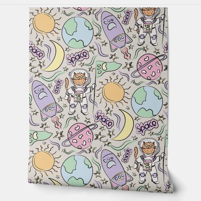 Papel Pintado Space Cat - Cat Doodles - Astronaut Animals (Desenrollar)