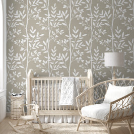 Papel Pintado Suave Silueta Floral Botánica en Beige Neutro