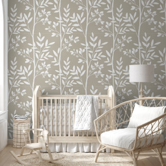 Papel Pintado Suave Silueta Floral Botánica en Beige Neutro