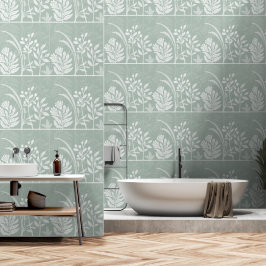 Papel Pintado Suaves Siluetas Botánicas Florales de Color Verde 