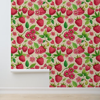 Papel Pintado Summer Raspberry Garden Botanical Fruit Pattern