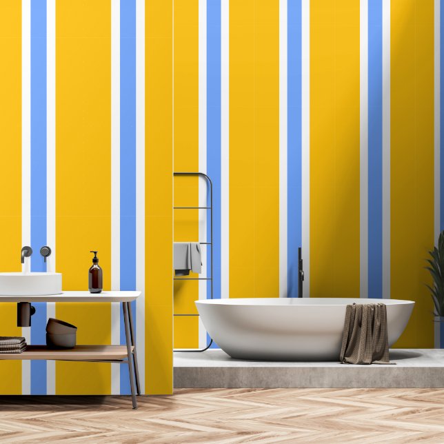Papel Pintado Sunny Modern Bright Amarillo Rayas Blancas Azules (Baño)