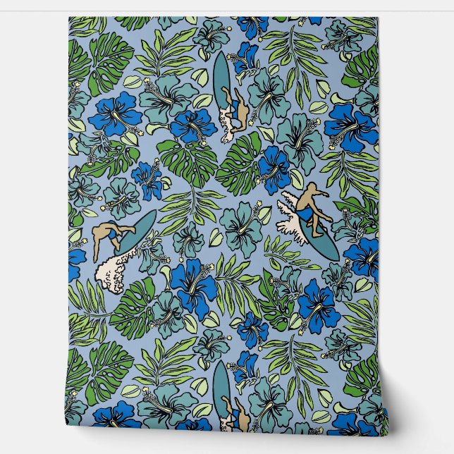 Papel Pintado Surf Pareau Hawaiano Hibiscus Surfing Blue Multi (Desenrollar)