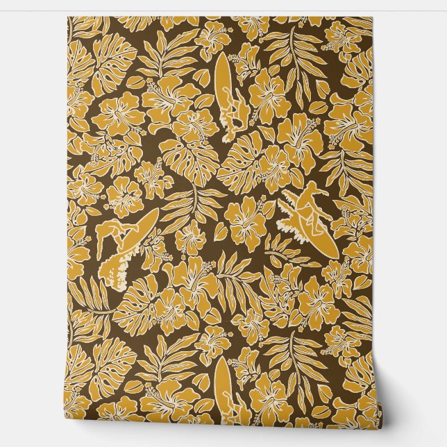 Papel Pintado Surf Pareau Hawaiano Hibiscus Surfing Gold (Desenrollar)