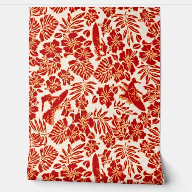 Papel Pintado Surf Pareau Hawaiano Hibiscus Surfing Red (Desenrollar)