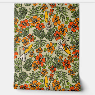 Papel Pintado Surf Pareau Hawaiano Hibiscus Surfing Warm Multi