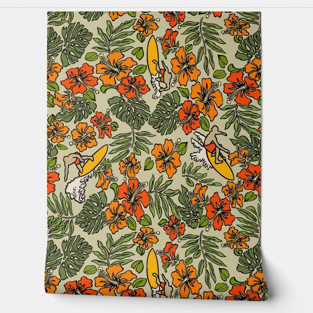 Papel Pintado Surf Pareau Hawaiano Hibiscus Surfing Warm Multi (Desenrollar)