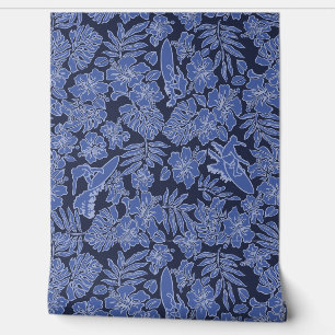 Papel Pintado Surf Pareau Hawaiian Hibiscus Surfing Blues