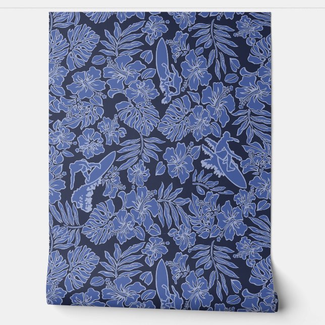 Papel Pintado Surf Pareau Hawaiian Hibiscus Surfing Blues (Desenrollar)