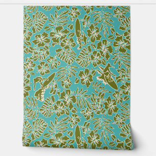 Papel Pintado Surf Pareau Hawaiian Hibiscus Surfing Turq